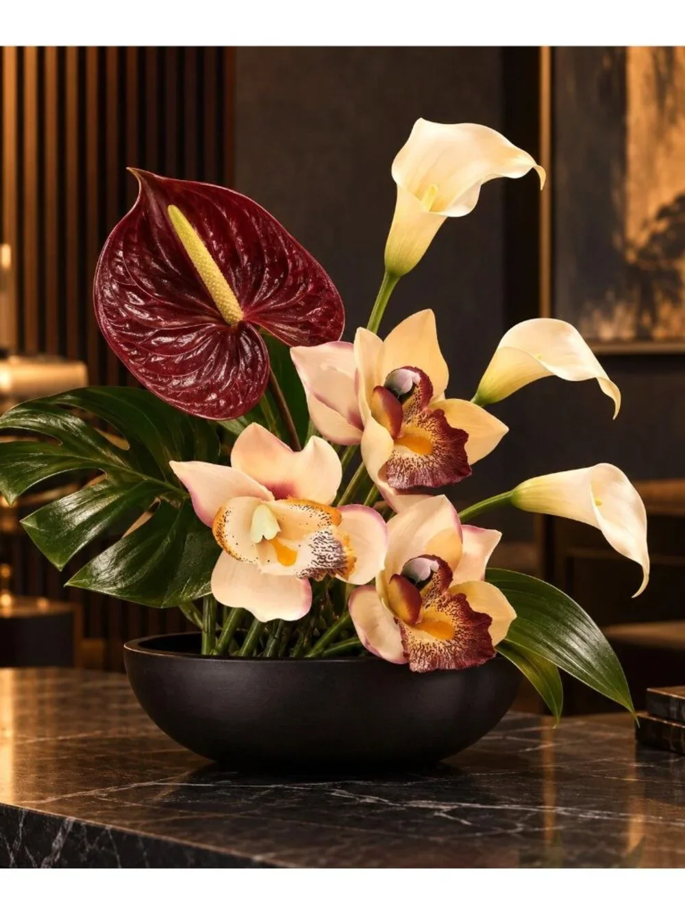 Artificial Cymbidium Orchid Bouquet 7 Stems Cream Blush Plum Coffee Faux Flowers